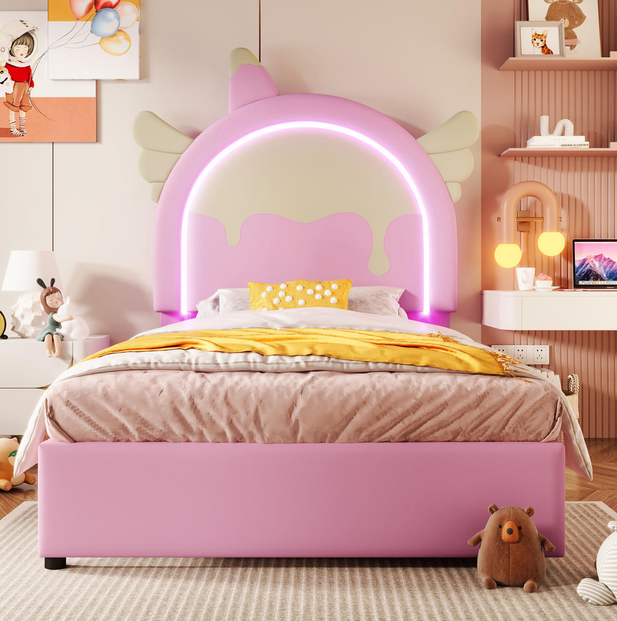 POLSTERBETT 90/200 cm mit LED-Leuchtleiste, 2 Schubladen und Einhorn-Design, Rosa - Rosa, Kunststoff (90/200cm) - Redom