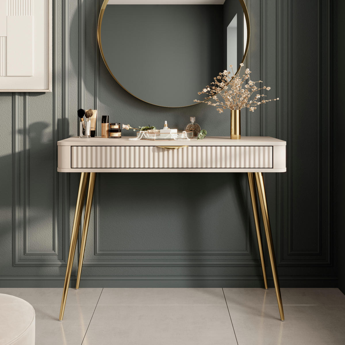 SCHMINKTISCH LEKNES TOA1 Reliefierte Fronten aus MDF-Platte Beige Beige - Beige, Holzwerkstoff (100/38/78cm) - Komodee