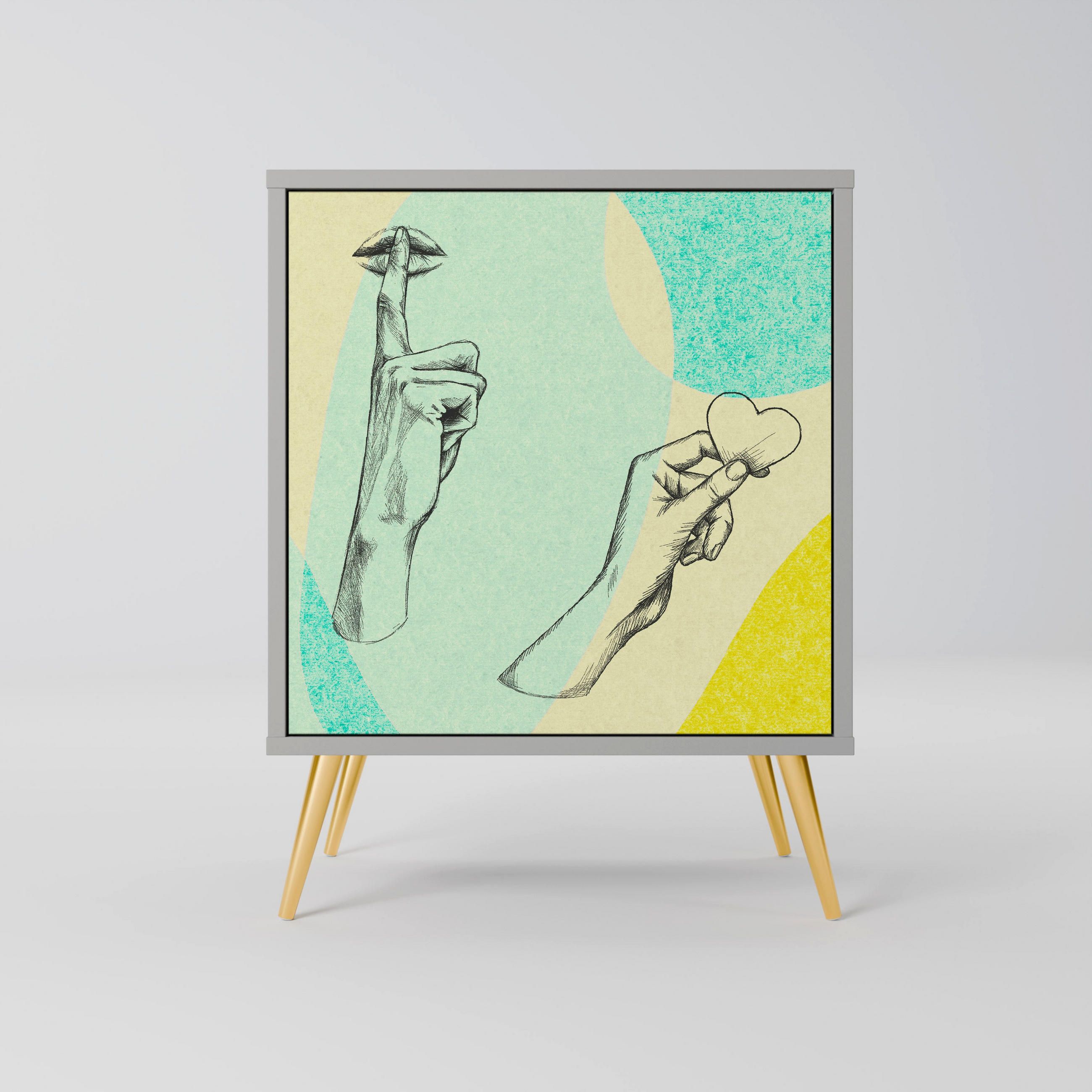 SIDEBOARD BODY LANGUAGE, Grau, 57,5x42x75,5 cm, Goldfarbene Metallfüße - Goldfarben/Multicolor, Holzwerkstoff/Metall (57.5/75.5/42cm) - SpaceRebels