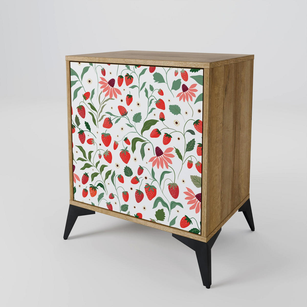 SIDEBOARD FLOWERS AND STRAWBERRIES, Eichefarben, 57,5x42x57,5 cm, Ohne Füße - Eichefarben/Multicolor, Holzwerkstoff (57.5/57.5/42cm) - SpaceRebels
