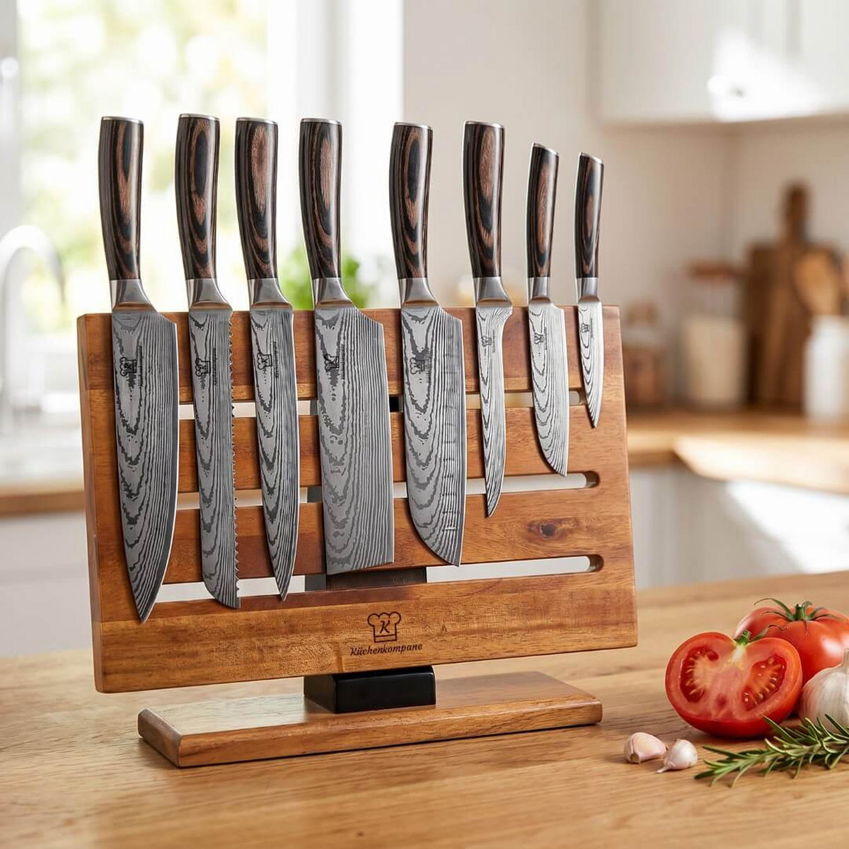MESSER-SET Jishaku 9-tlg. – Magnetischer Akazienblock & Profimesser - Braun, Holz/Metall - Küchenkompane