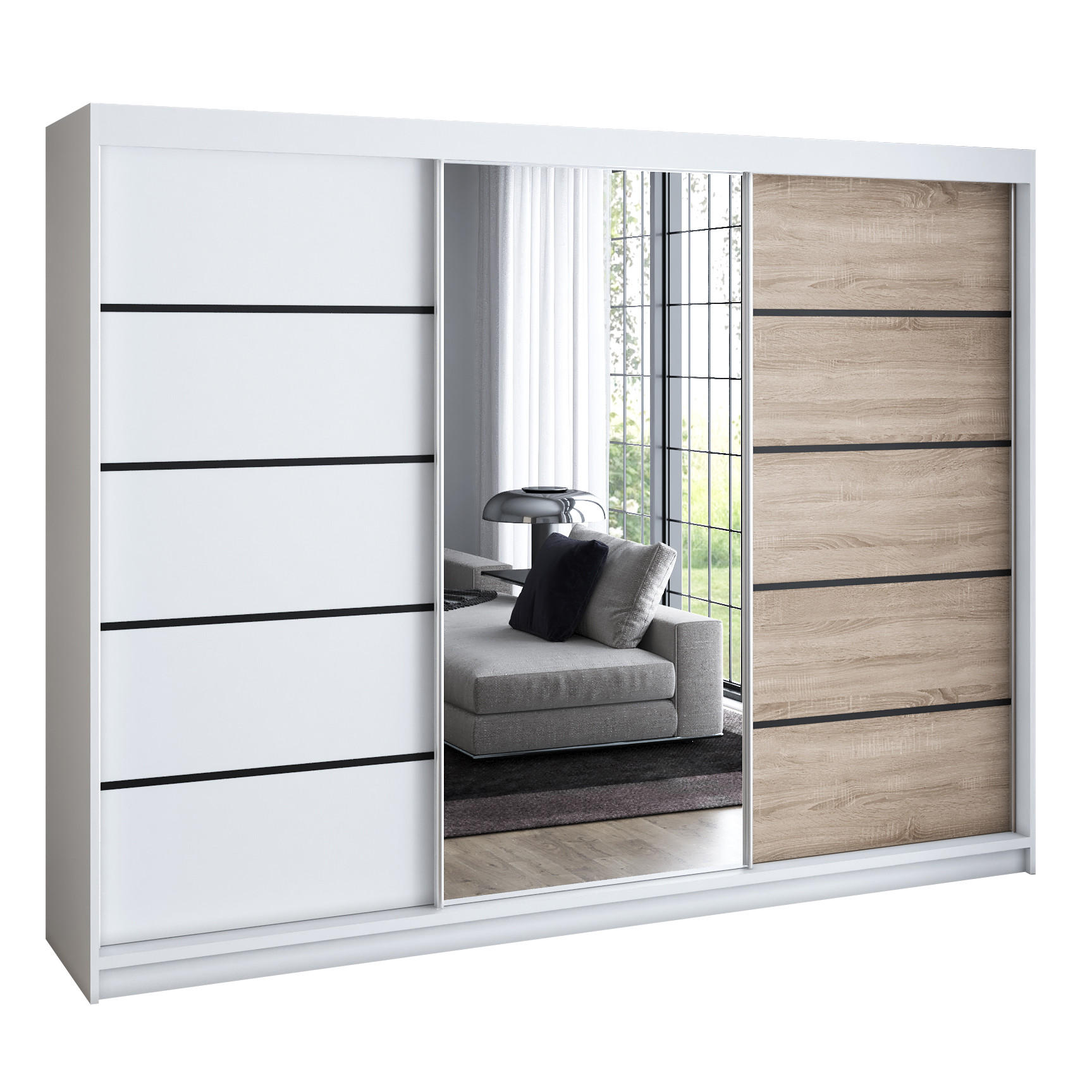 A&J MöbelLand Schwebetürenschrank Weiß, Weiß, Braun 200x215x59.5 cm
