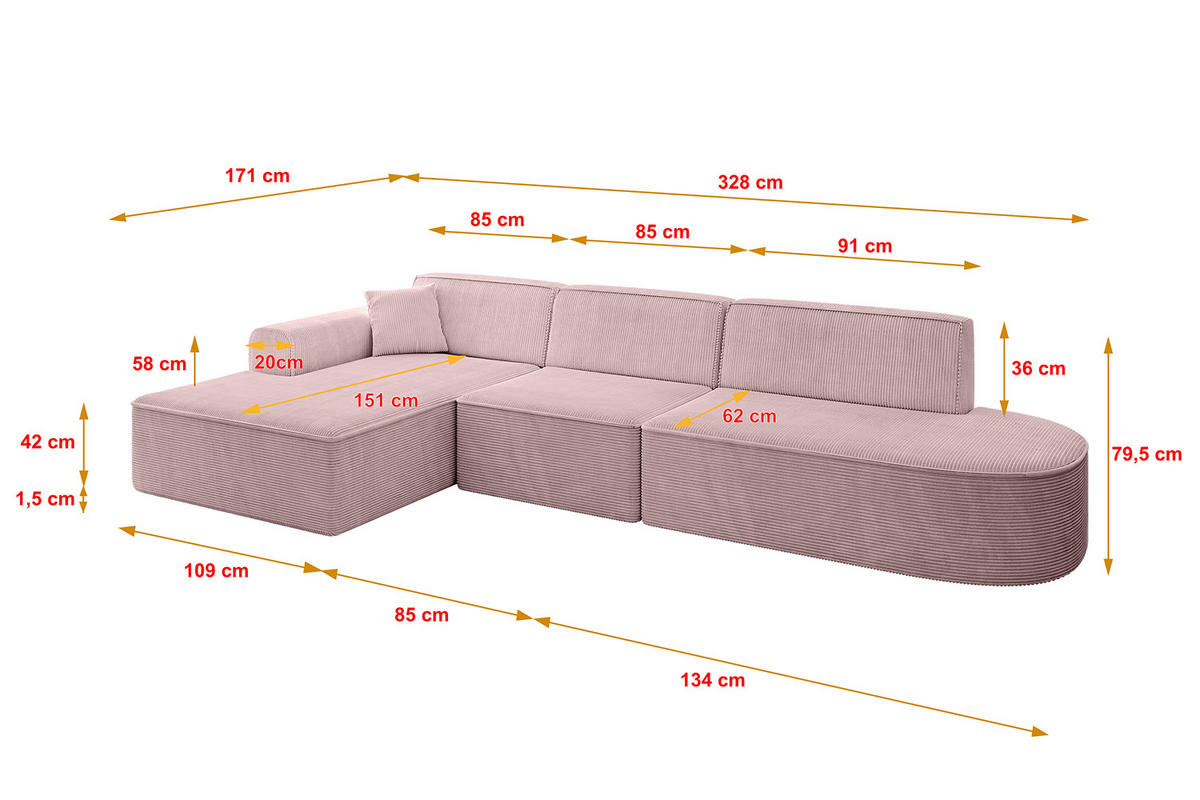 ECKSOFA Ottomane Links IREA-L2-v3 - 328x171x79 cm Rosa - Rosa, Holzwerkstoff/Textil (328/171cm) - ALTDECOR