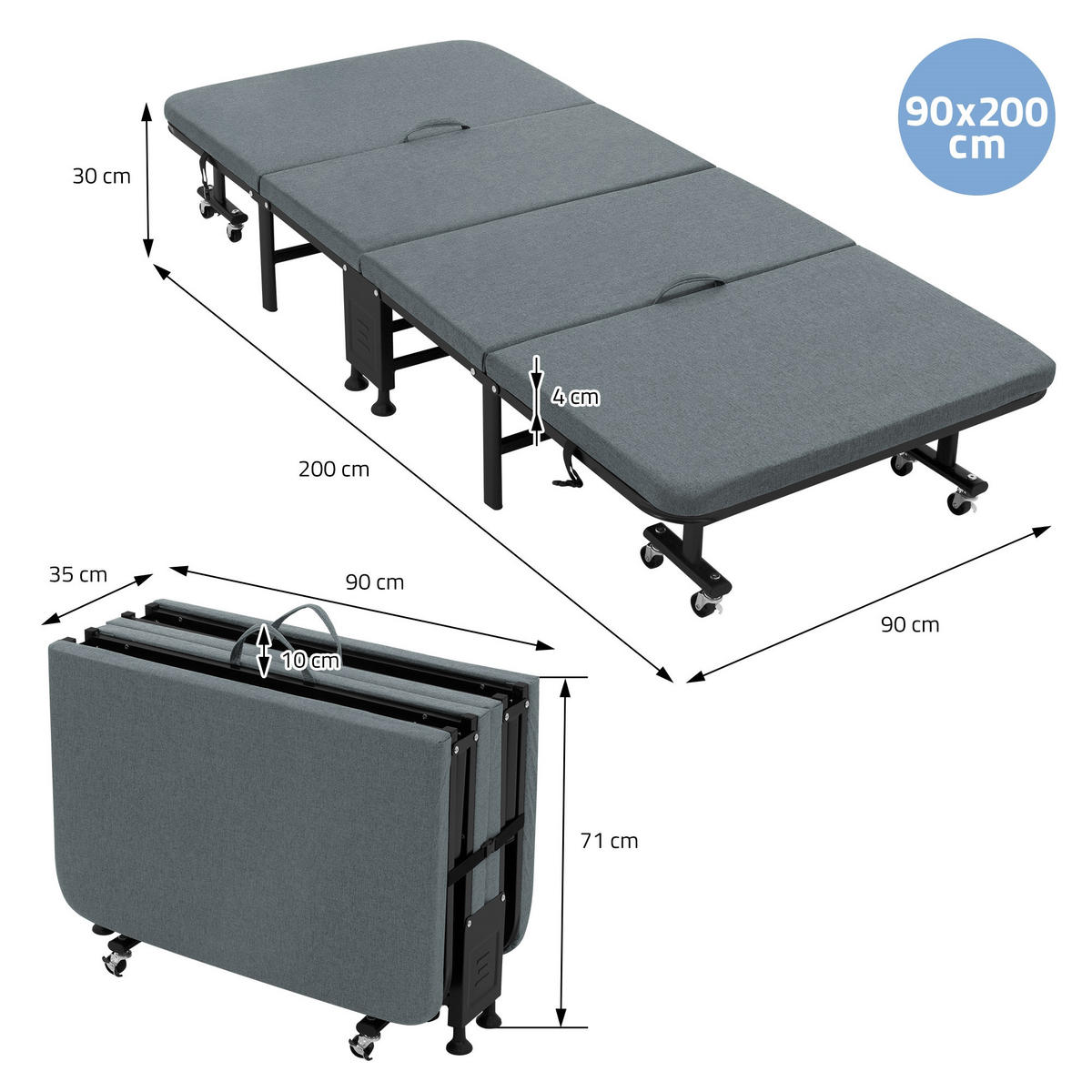 SKLÁDACÍ POSTEL PRO HOSTY 90x200 cm z kovu - šedá, dřevo (90/200cm) - ECD-Germany