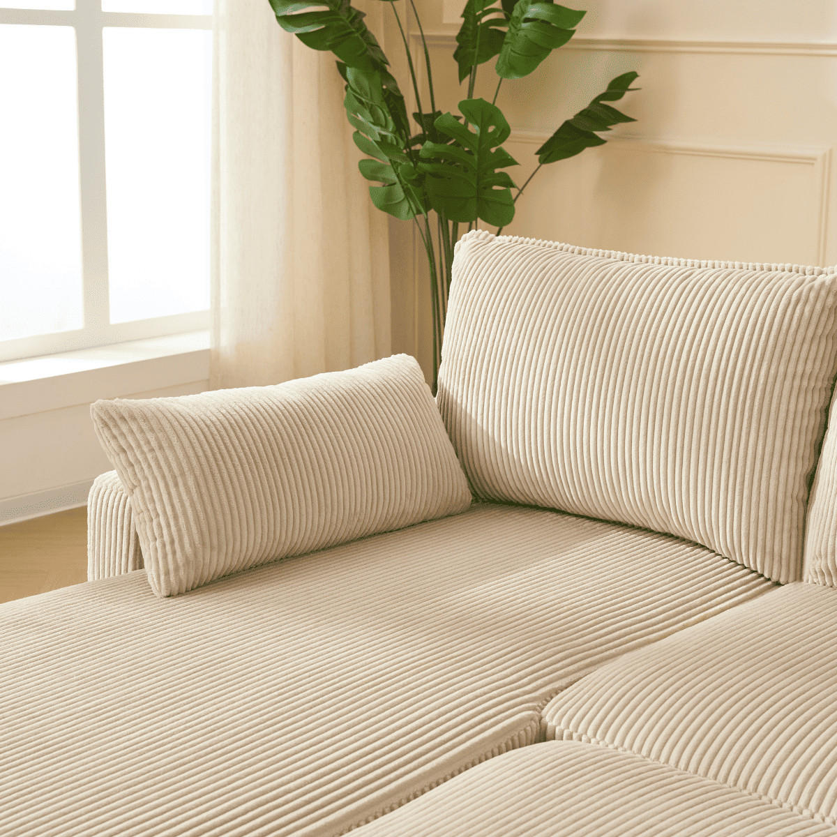 3-SITZER-SCHLAFSOFA in corduroy mit Chaiselongue 219/147/84 cm - Beige, Holz (147/84/66cm) - Calicosy