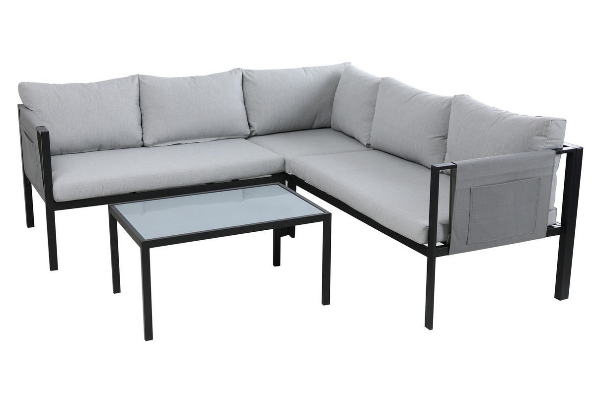 SITZGRUPPE Yolo 1 Ecksofa, 1 Couchtisch, Sitz- + Rückenkissen - Schwarz, Metall - TPFGarden