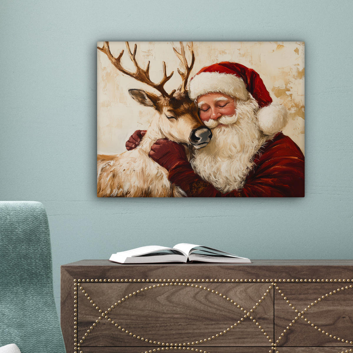 LEINWANDBILD Weihnachtsmann - Rentier - Weihnachten Wandbild 40x30 cm - Rotbraun, Textil (40/30cm) - MuchoWow