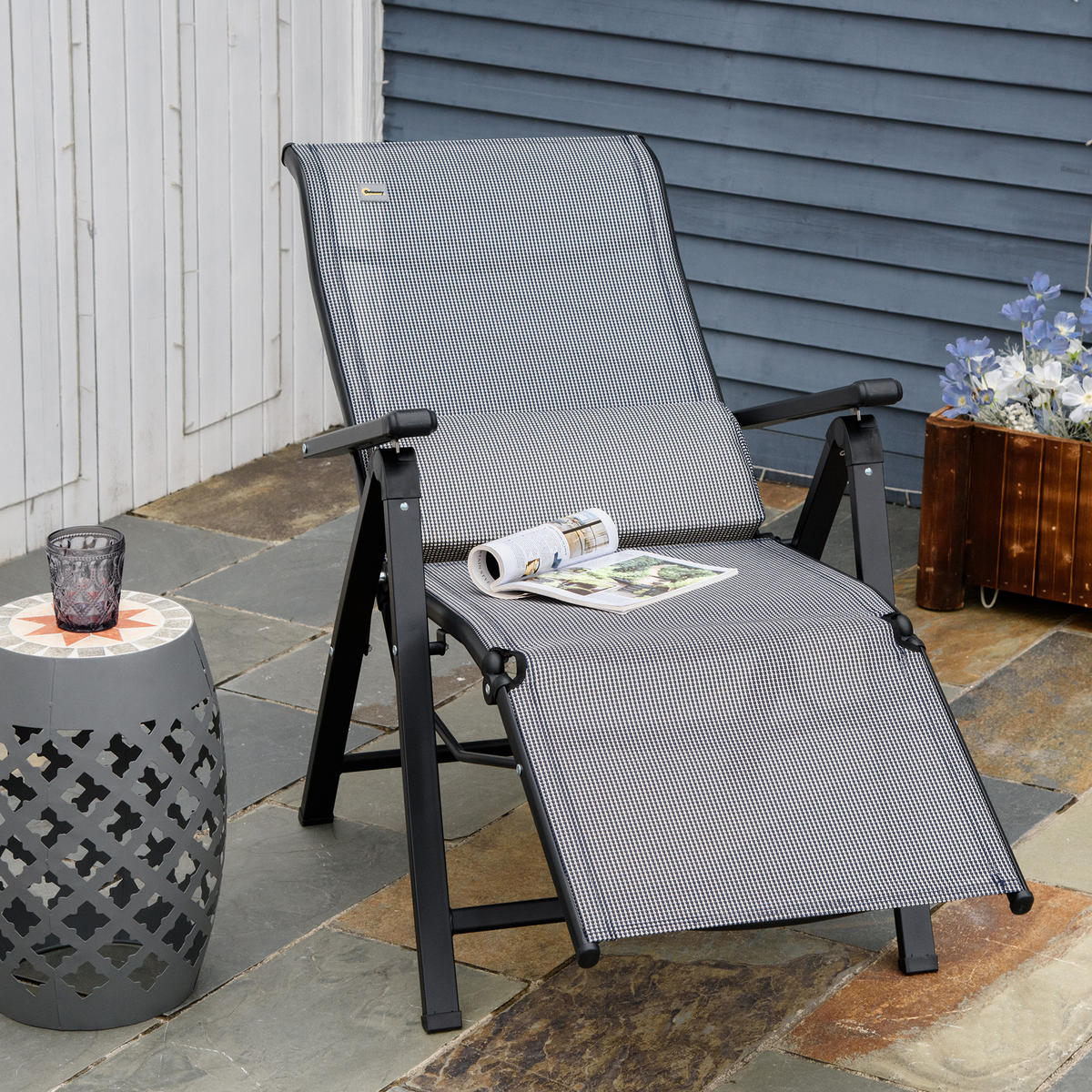 GARTENLIEGE 1 Position verstellbar Textilene Stahl Schwarz+Grau 70 x 65 x 111 cm - Grau, Kunststoff (65/111/70cm) - Outsunny