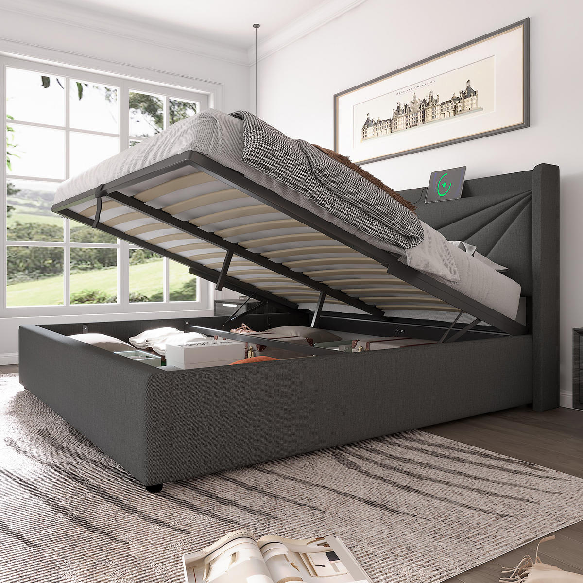 POLSTERBETT 160/200 cm grau mit Stauraum und USB Typ-C Ladefunktion - Grau, Textil (160/200cm) - OKWISH