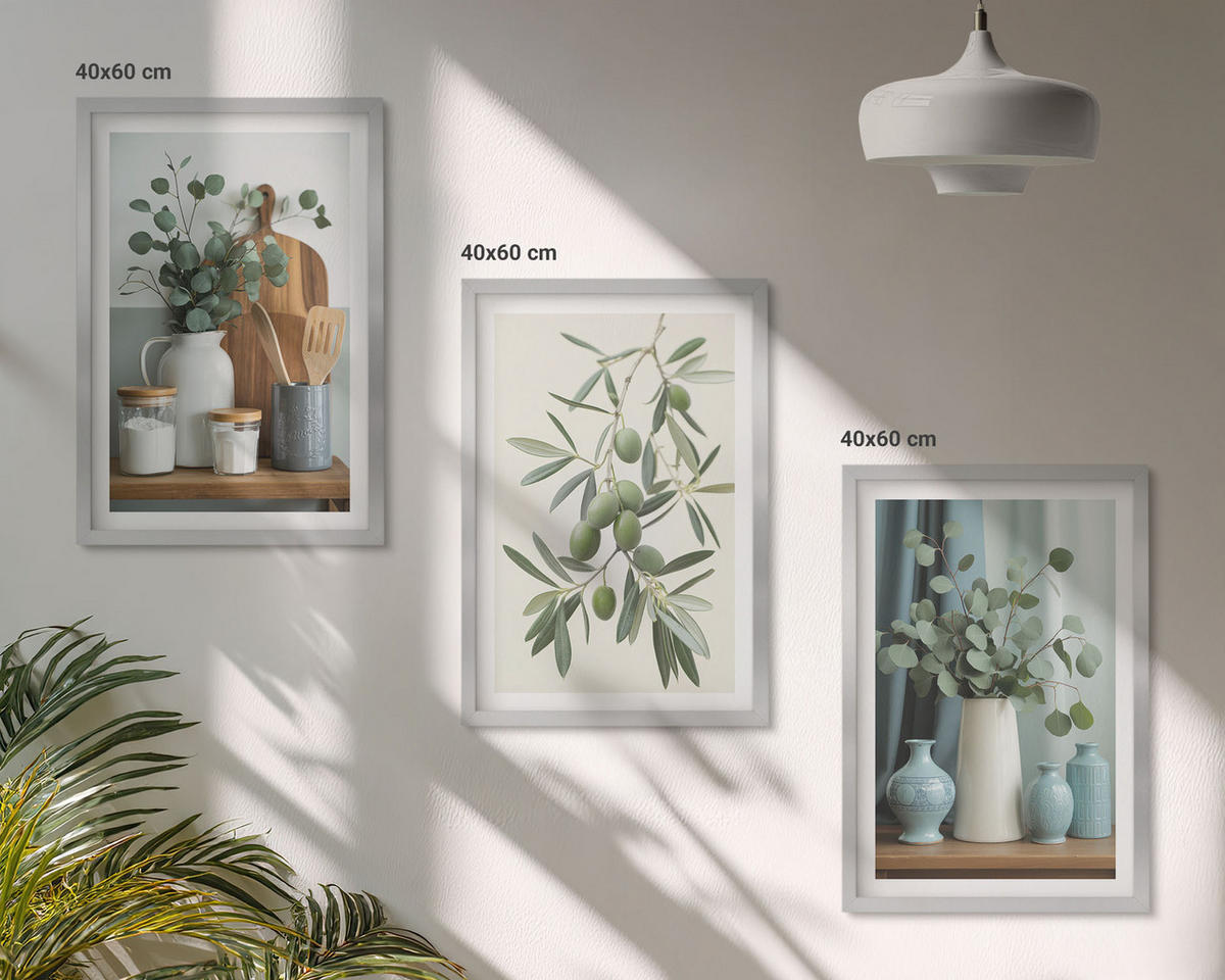BILDER SET 3er Set - 40x60 cm Silberner Rahmen - Grüne Oliven, Eukalyptus - Silberfarben, Kunststoff (40/60cm) - TULUP