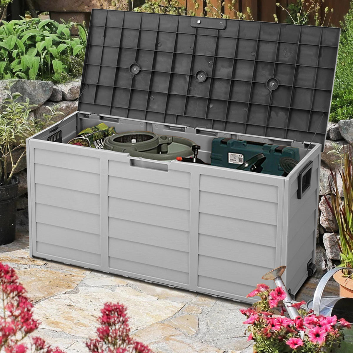 GARTENBOX 290L aus PP Kunststoff in Dunkelgrau + Hellgrau mit Rollen, Modell Robuste Konstruktio 112 cm B x 49 cm T x 54 cm H - Grau, Kunststoff (112/54/49cm) - Livingandhome