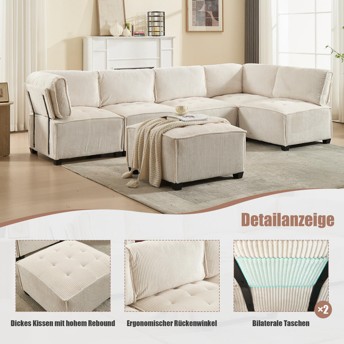MODULARES 6-Sitzer Sofa Cord U-/L-Form und Eckschlafsofa Beige 308/154/82 cm - Beige, Textil (154/308cm) - Redom