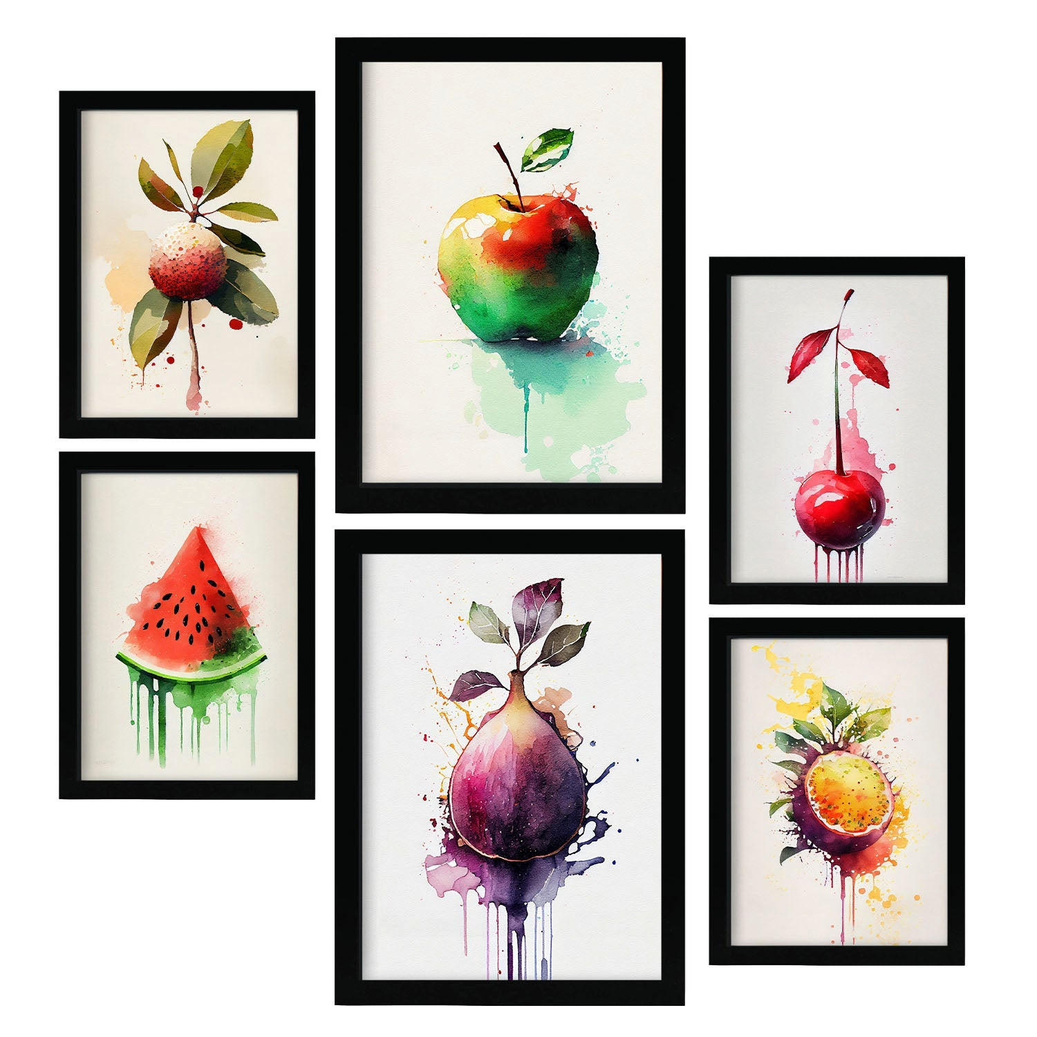 POSTER Set Mit 6 Regenbogenfrüchte Plakate Von Obst Gemüse & Gesunden Lebensmitteln Im Aquarell Kunst Auf Reinweißen A3 & A4 Schwarzer Rahmen - Schwarz, Papier (29/3cm) - Nacnic