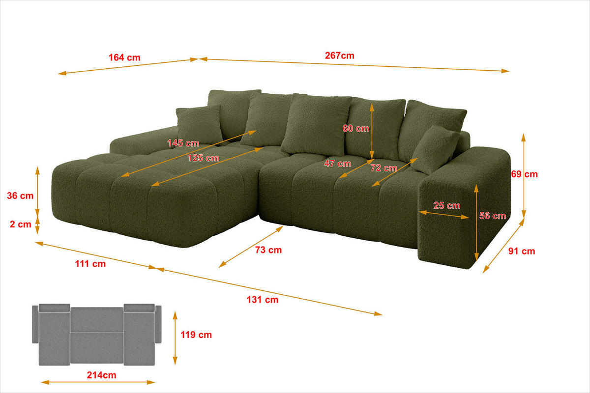 ECKSOFA Ottomane Links ENSI-L - 267x164x69 cm Olivgrün - Olivgrün, Holzwerkstoff/Kunststoff (267/164cm) - ALTDECOR