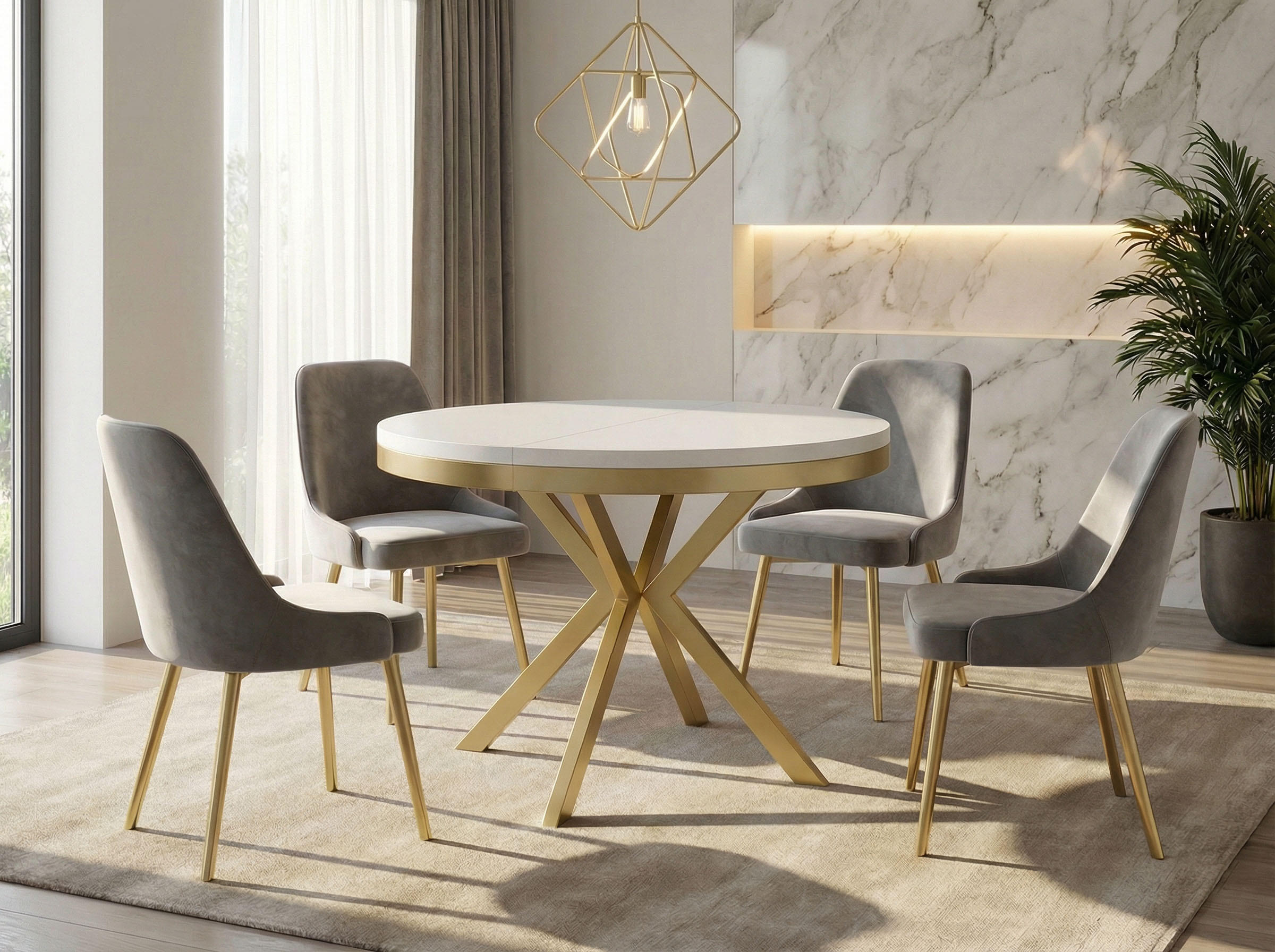 ESSTISCH Dina runder ausziehbarer, Weiß 100-180/100/76 cm - Goldfarben/Weiß, Holzwerkstoff/Metall (100/100/76cm) - WFL GROUP