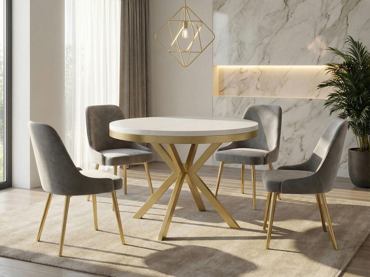 ESSTISCH Dina runder ausziehbarer, Weiß 100-180/100/76 cm - Goldfarben/Weiß, Holzwerkstoff/Metall (100/100/76cm) - WFL GROUP