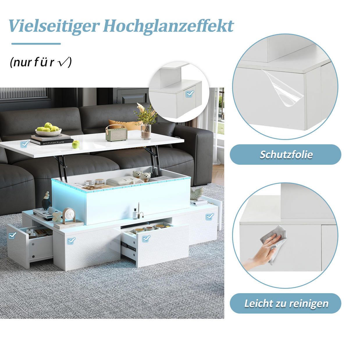 COUCHTISCH 100x50x40 cm Weiß LED Lift 4 Schubladen Stauraum - Weiß, Holzwerkstoff (100/50/40cm)