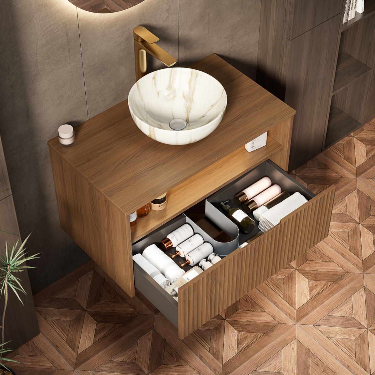 WASCHTISCHKOMBI 80x46x60.8cm in Braun mit Massivholzfront, Waschbecken & Sensor-LED - Braun, Keramik (80/60.8/46cm) - Modfu