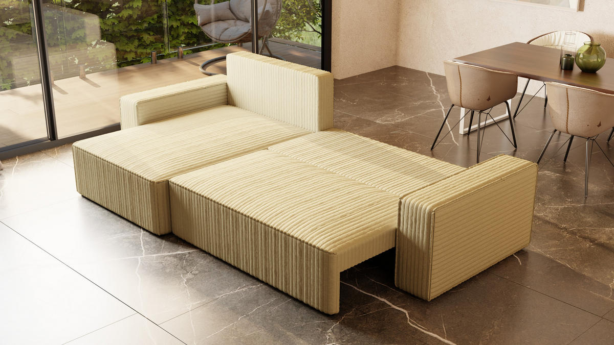 ECKSOFA Tobi mit Bettkasten und Schlaffunktion, L-Form/XL-Form, Cordstoff, Universal - Creme, Holzwerkstoff (276/145cm) - 4ALL HOME