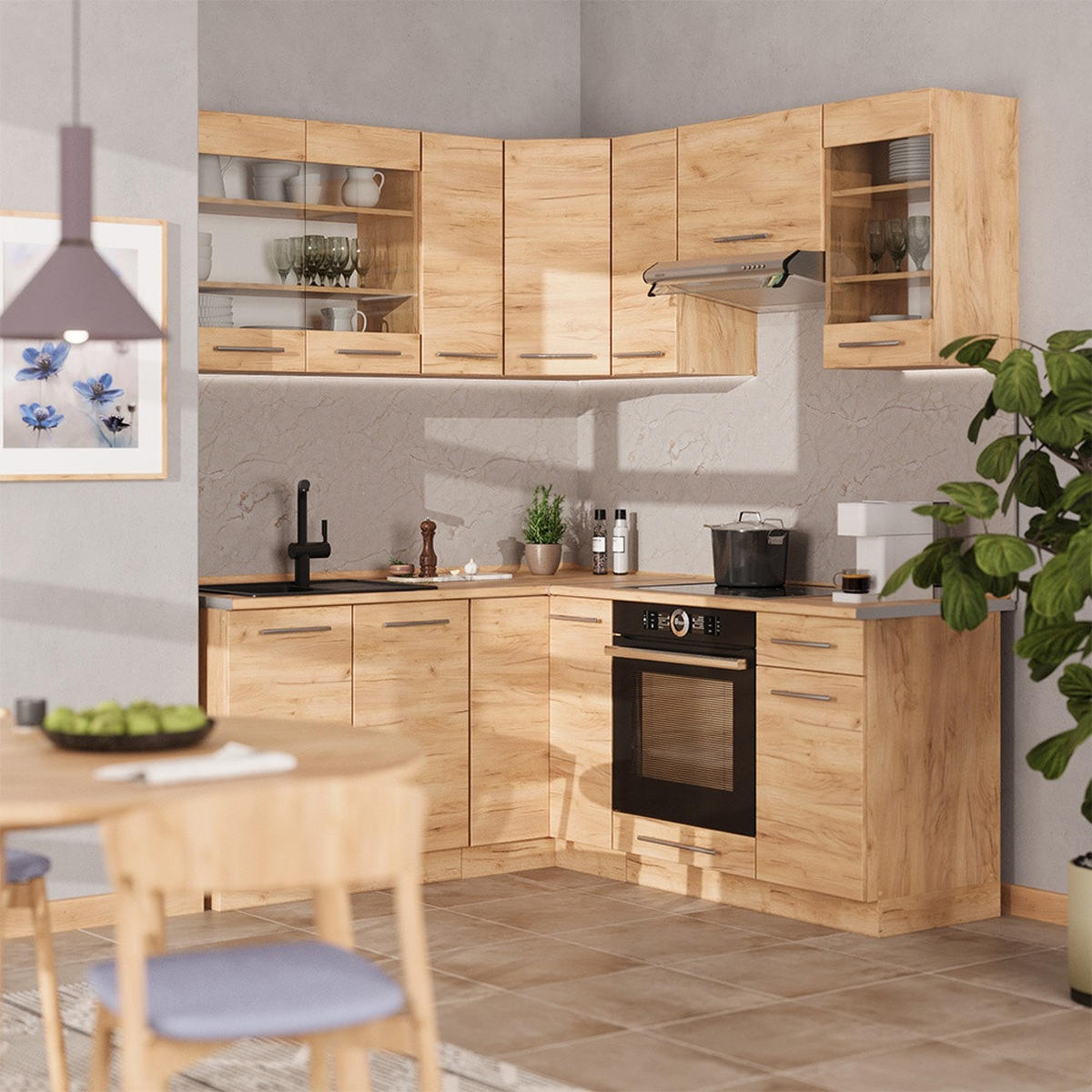 ECKKÜCHE Fame-Line, Goldkraft Eiche/Goldkraft Eiche, 190 x 160 cm, AP Marmor - Honigeiche, Holzwerkstoff (190/206.8/60cm) - Vicco