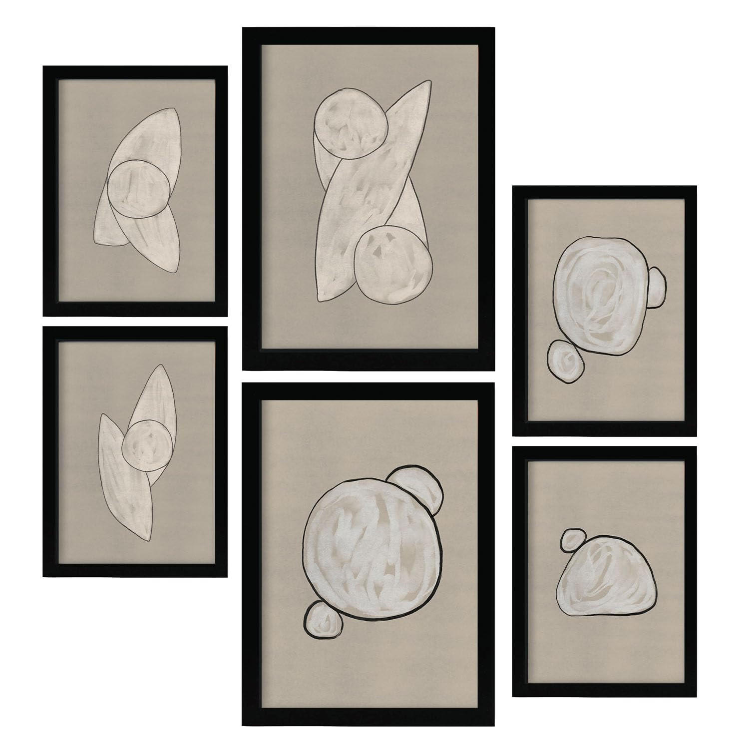 POSTER Set Mit 6 Kosmische Kontur In Form Abstracts Ästhetische Dekorative Gemälde Für Ihr Wohnzimmer, Schlafzimmer, Zuhause A3 & A4 Schwarzer Rahmen - Schwarz, Papier (29/3cm) - Nacnic