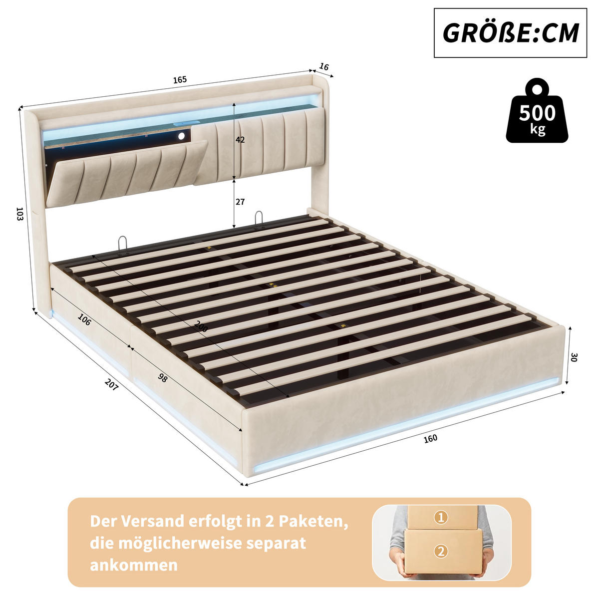 BETT 160/200 cm Beige mit Stauraum, Polsterbett für Erwachsene - Beige/Naturfarben, Holz/Metall (160/200cm) - PARAFTA HOME