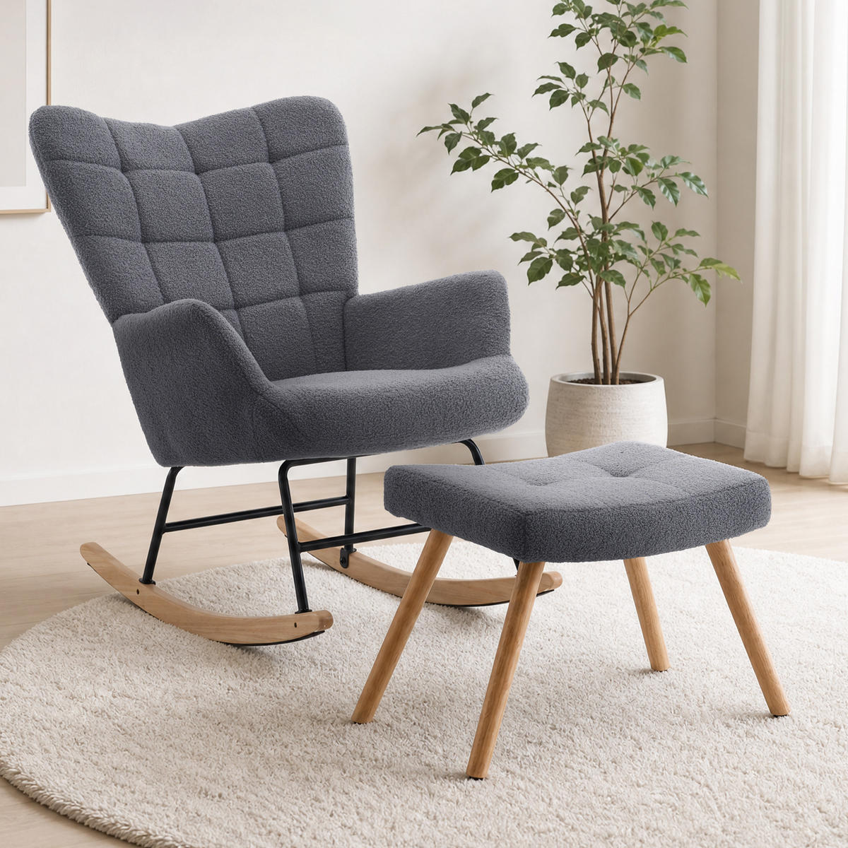 SCHAUKELSTUHL wohnzimmer mit hocker und verdicktem Sitzkissen ,Bodenschutzleiste, grau - Grau, Holzwerkstoff/Textil (68/91/88cm) - STILVORA