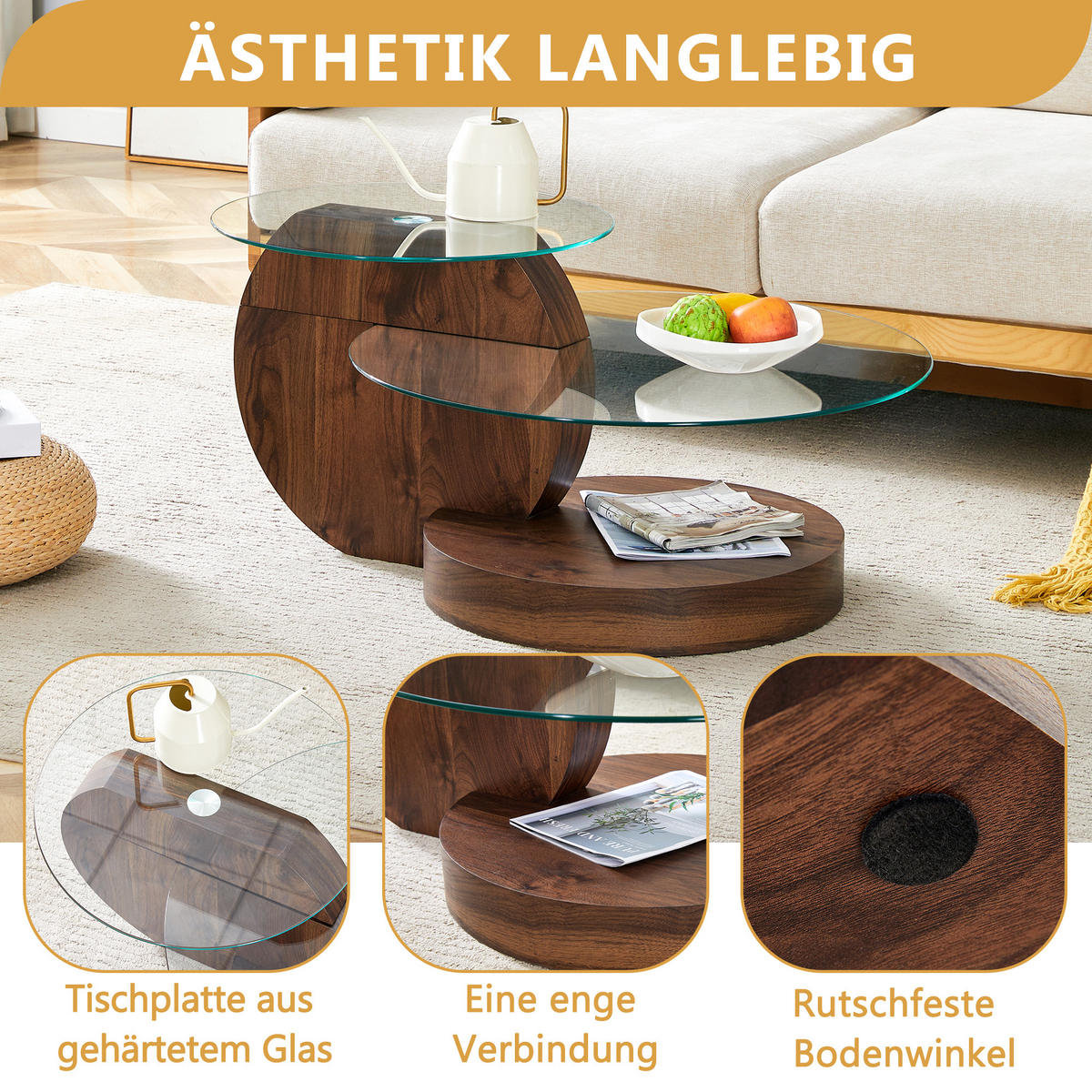 COUCHTISCH Ø 50/70 cm Transparent Nussbaum MDF Glas mit Ablagen - Walnussfarben, Holzwerkstoff (90/70/44cm) - OKWISH