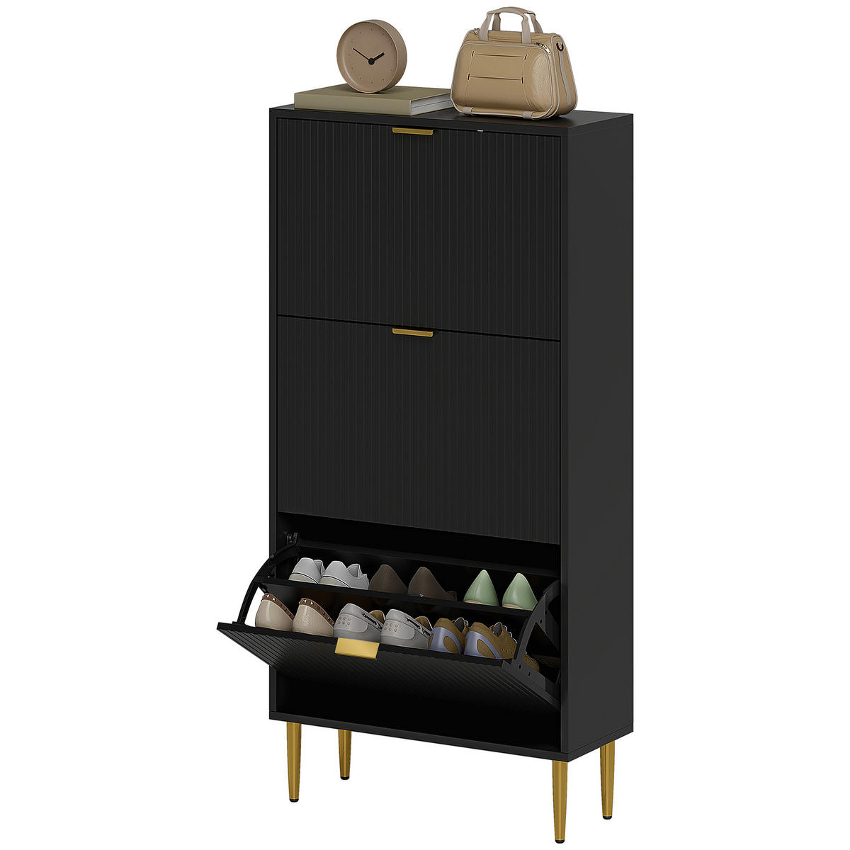 SCHUHSCHRANK Schwarz MDF und Stahl klappbar mit 3 Fächern 1 Stück - Schwarz, Holzwerkstoff (60/128/24cm) - PANGIVO