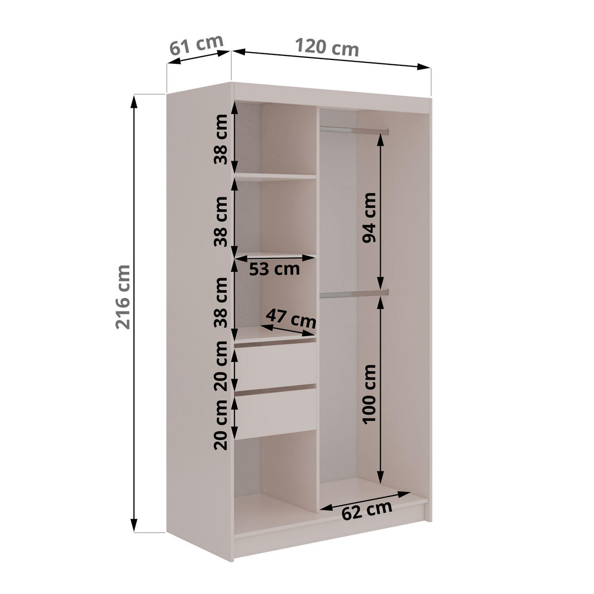 SCHWEBETÜRENSCHRANK mit Schubladen 120 - DUBROWNIK - Kaschmir mit Spiegel - Kaschmir/Alufarben, Holzwerkstoff/Metall (120/216/61cm) - MKS