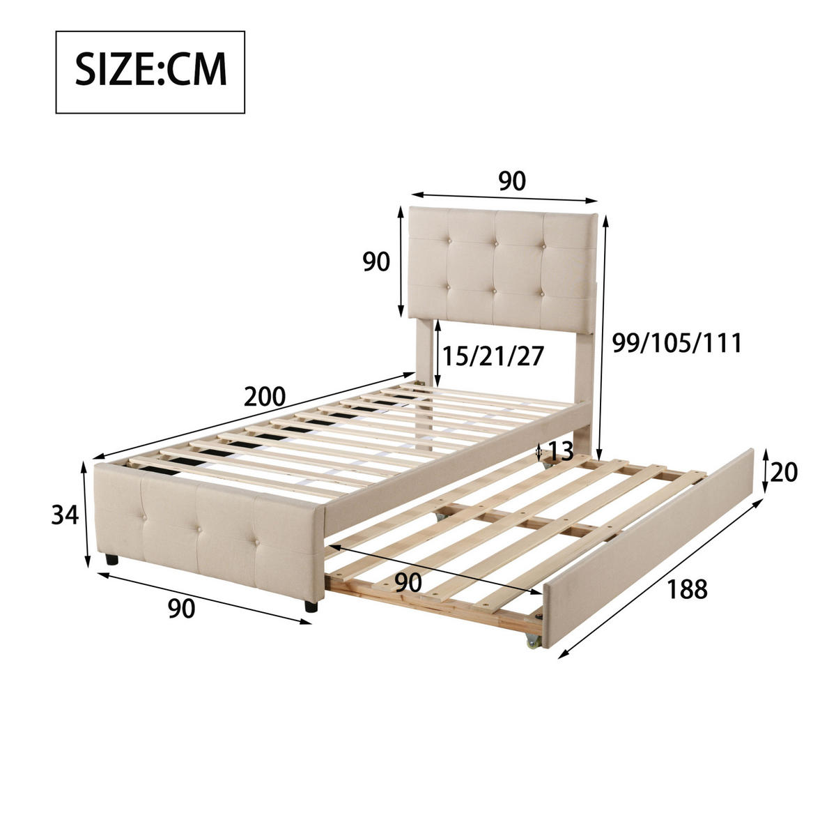 POLSTERBETT 90/200 cm Beige ausziehbares Kinderbett mit höhenverstellbarem Kopfteil - Beige, Textil (90/200cm) - OKWISH