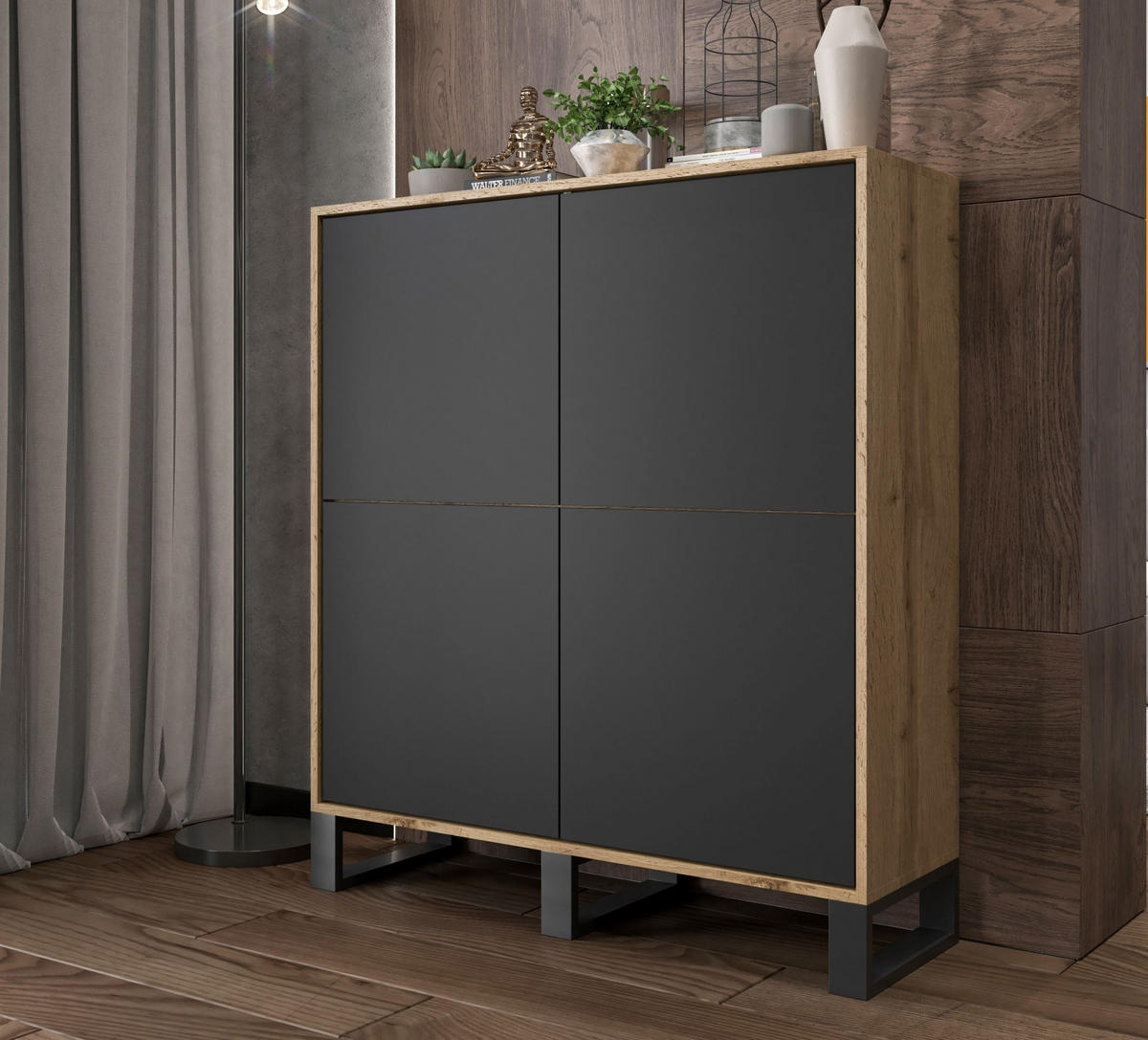 KOMMODE Apollo 4D Eiche wotan Schwarz Matt mit metallbeinen 113 cm - Schwarz, Holzwerkstoff/Metall (113/127/35cm) - Meble Lindner