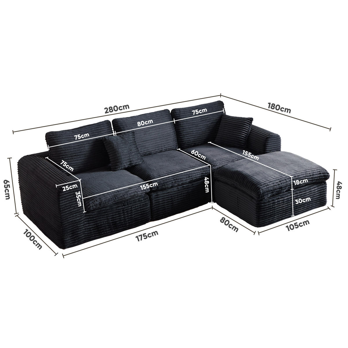 ECKSOFA 280/180/65 cm Bleu-noir Cord mit 1 Fußhocker - Multicolor, Textil (180/280cm) - Oxeza