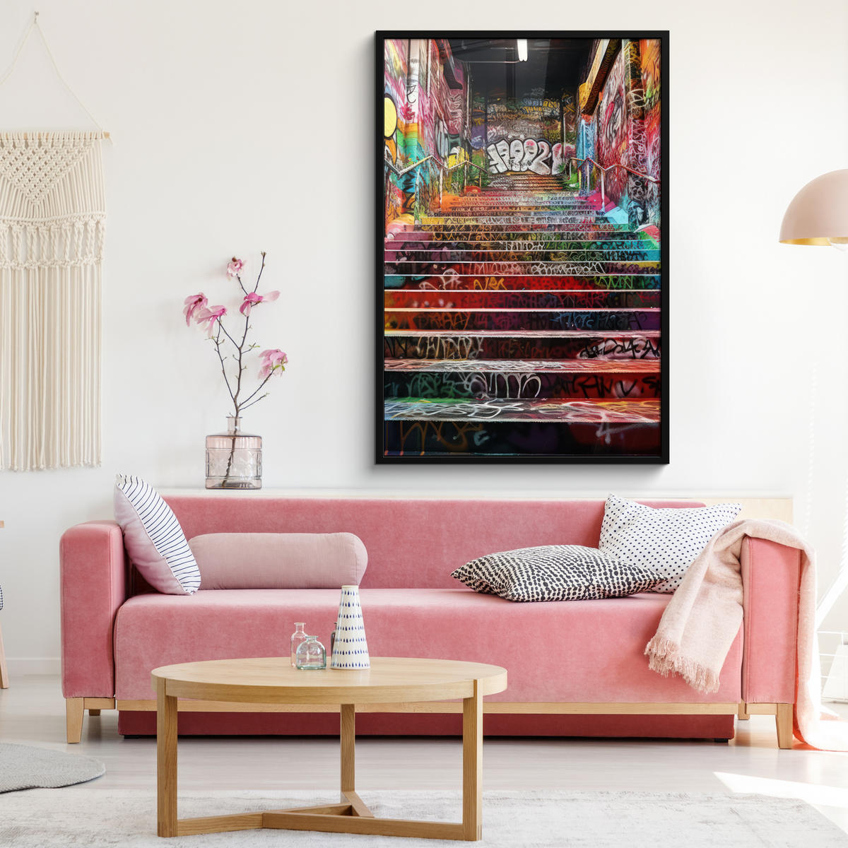 POSTER MIT RAHMENGERAHMTES BILD Treppe - Graffiti - Farben - Kunst Bilderleiste 80x120 cm - Multicolor, Papier (80/120cm) - MuchoWow