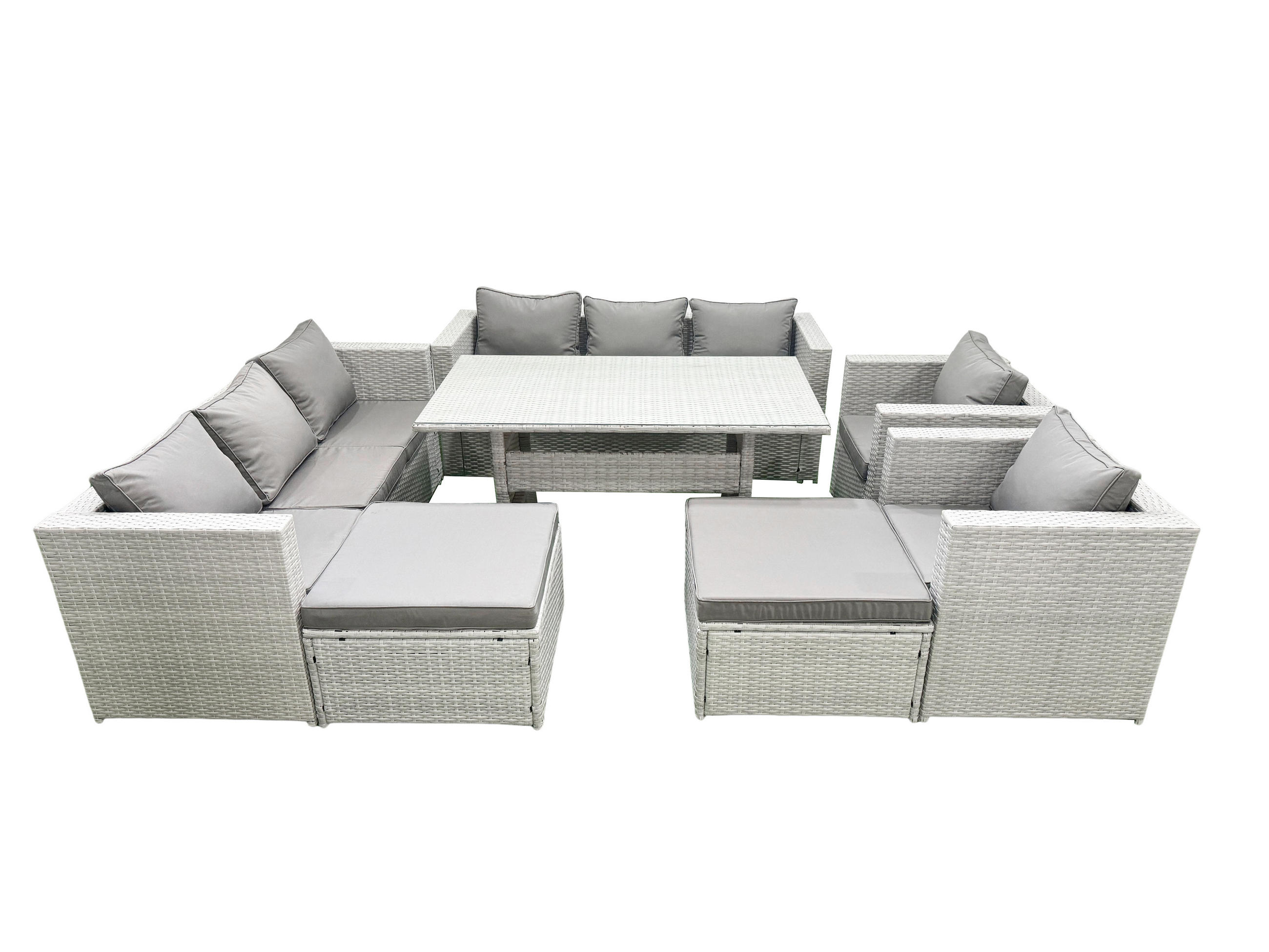 GARTENMÖBEL SET mit 3-Sitzer-Sofa und 2 Stühle, Esstisch,2 Großer Hockern Polyrattan Hellgrau 10-Sitzer - Hellgrau/Grau, Glas/Kunststoff - Fimous