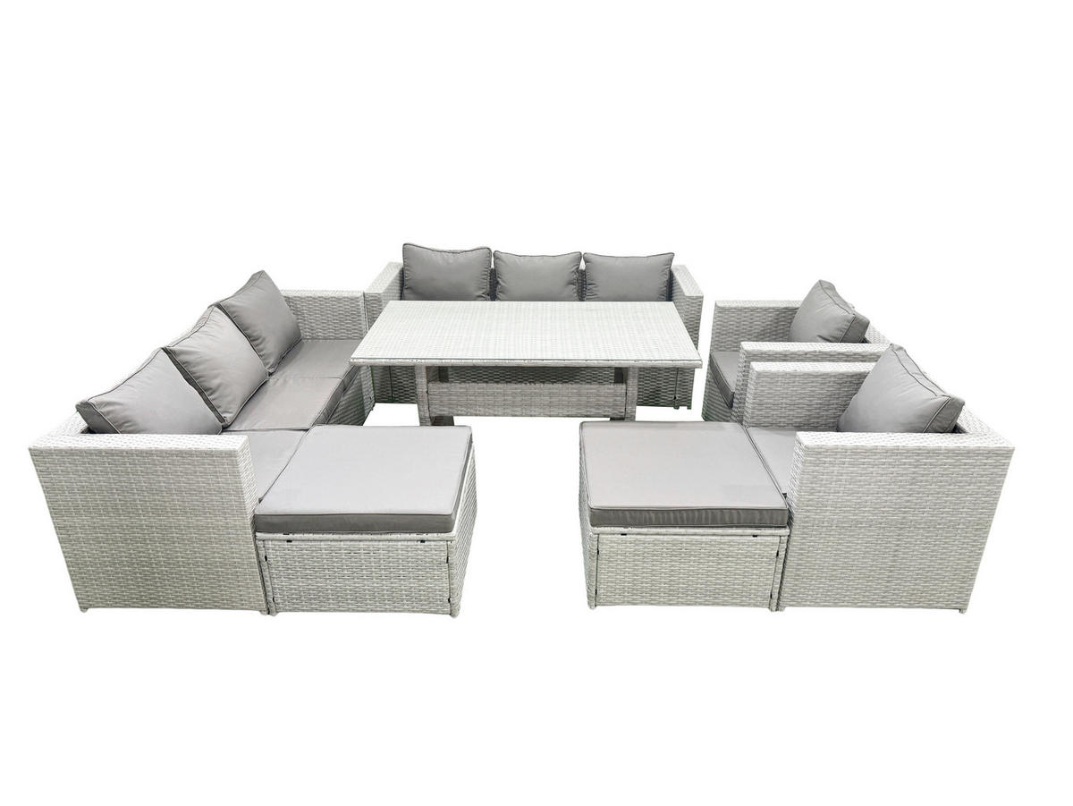 GARTENMÖBEL SET mit 3-Sitzer-Sofa und 2 Stühle, Esstisch,2 Großer Hockern Polyrattan Hellgrau 10-Sitzer - Hellgrau/Grau, Glas/Kunststoff - Fimous