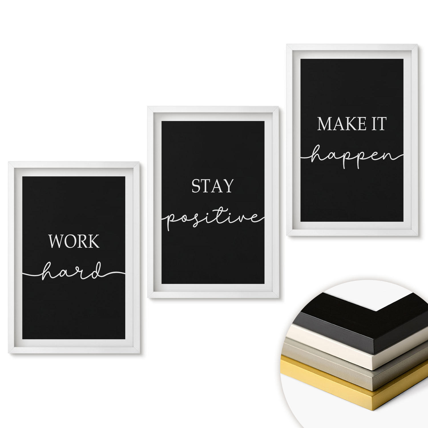 WANDBILDER 3er-Set - 40x60 cm Weißer Rahmen - Elegante Motive auf schwarzem Grund - Weiß, Kunststoff (40/60cm) - ArtPrintCave