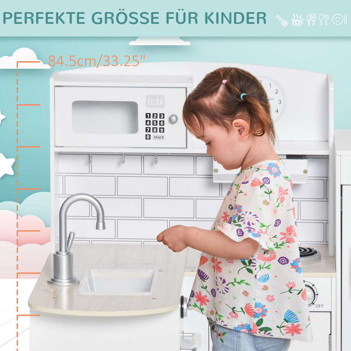 KINDERKÜCHE Spielküche mit elektronischem Wasserspender, Backofen, Weiß - Weiß, Holzwerkstoff (86/64/84.5cm) - HOMCOM