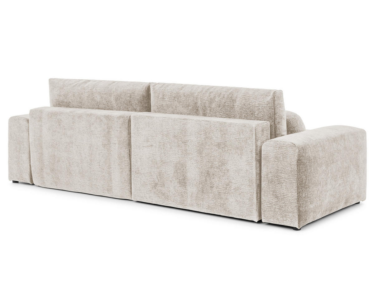 ECKSOFA Puffy mit Schlaffunktion und Bettkasten - besonders weich und puffig aus Beige Stoff mit Chenillestruktur - Ottomane links - Beige/Schwarz, Holz/Kunststoff (138/266cm) - S-Style Möbel
