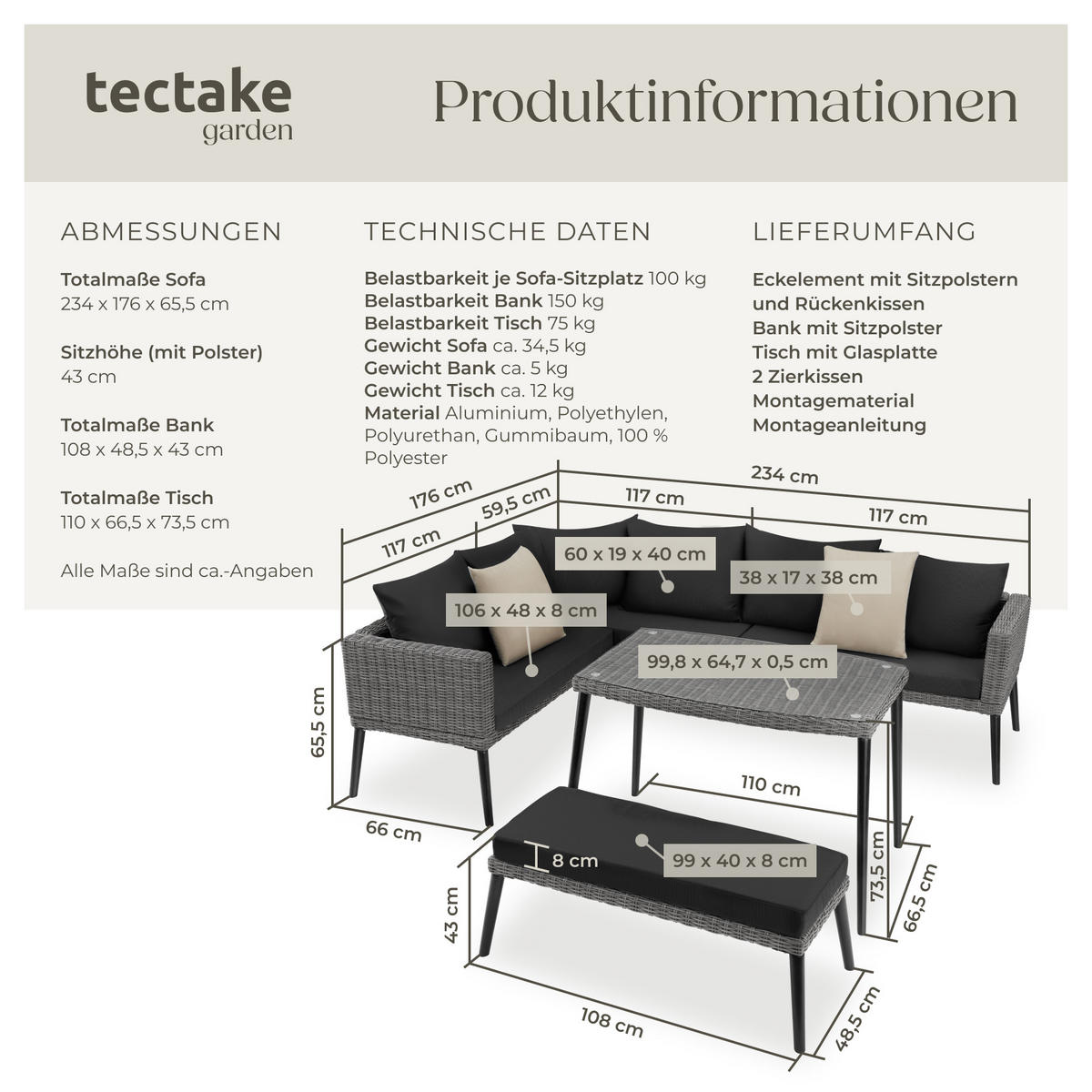 RATTANLOUNGE Pula,mit Sicherheitsglasplatte,grau - Grau, Kunststoff/Metall - tectake