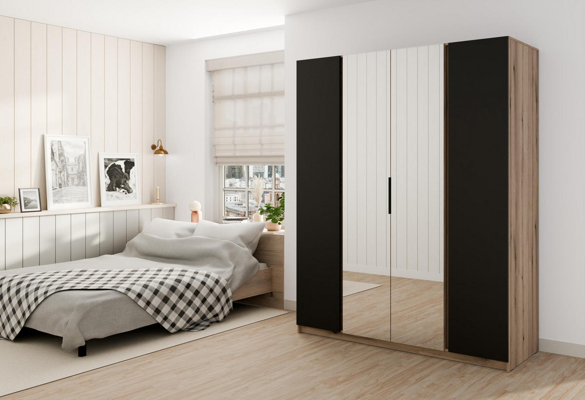 KLEIDERSCHRANK Nehir Eiche Evoke/Schwarz 200 cm - 4T Modern mit 2 Spiegeln mittig - Eichefarben/Schwarz, Holzwerkstoff/Kunststoff (200/239/61.9cm) - AX Living