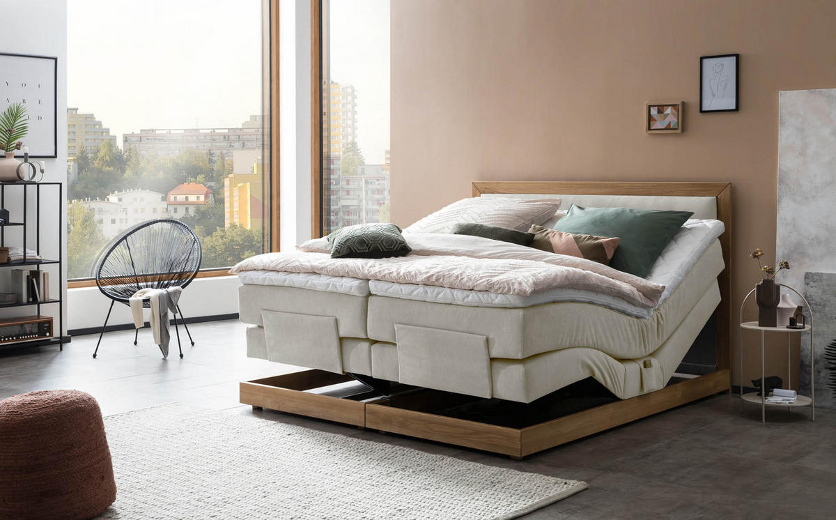 BOXSPRINGBETT ELEKTRISCH VERSTELLBAR MODELA 180x200 Beige H2 und H3 Motorbett in Eiche mit 7-Zonen Taschenfederkern Matratze inkl. Visco Topper - Beige, Textil (180/200cm) - Belanoti
