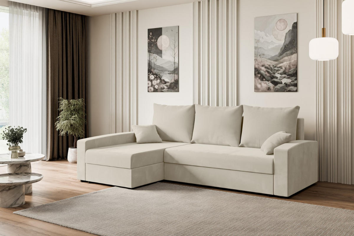 ECKSOFA mit Schlaffunktion und Bettkasten ALESIA-L 231x140x90 cm Beige Velours - Beige/Silberfarben, Holzwerkstoff/Kunststoff (231/140cm) - ALTDECOR