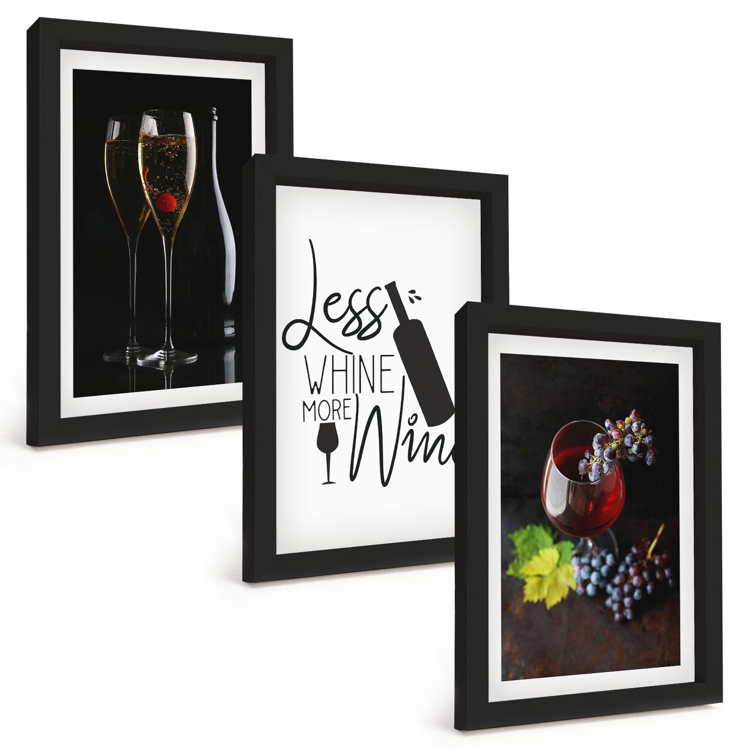 BILDER SET 3er Set - 20x30 cm Schwarzer Rahmen - Weingläser mit Trauben und Inschrift - Schwarz, Kunststoff (20/30cm) - TULUP