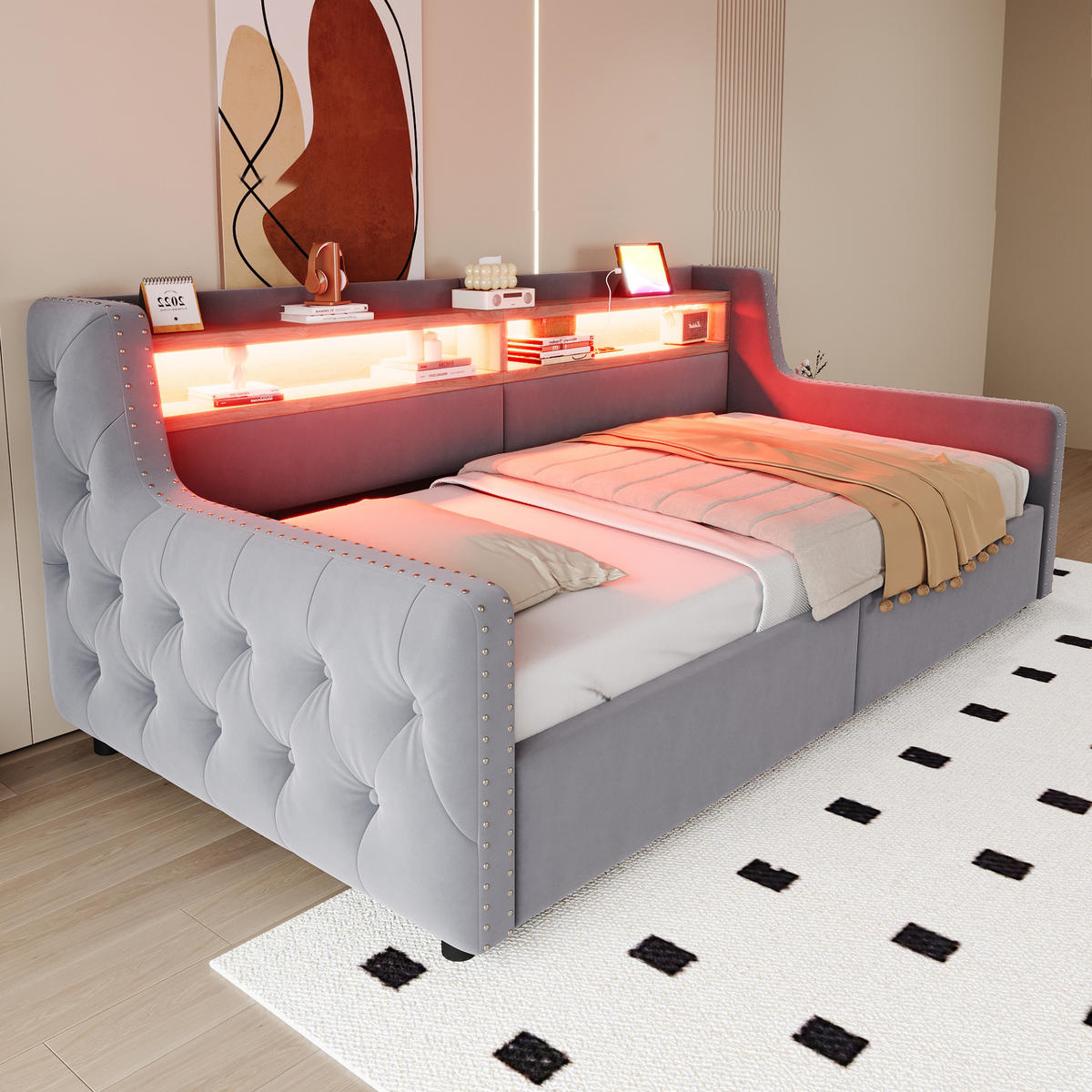 POLSTERBETT 90x200 cm LED USB Stauraum hellgrau - Hellgrau, Textil (90/200cm) - LEBENLANG