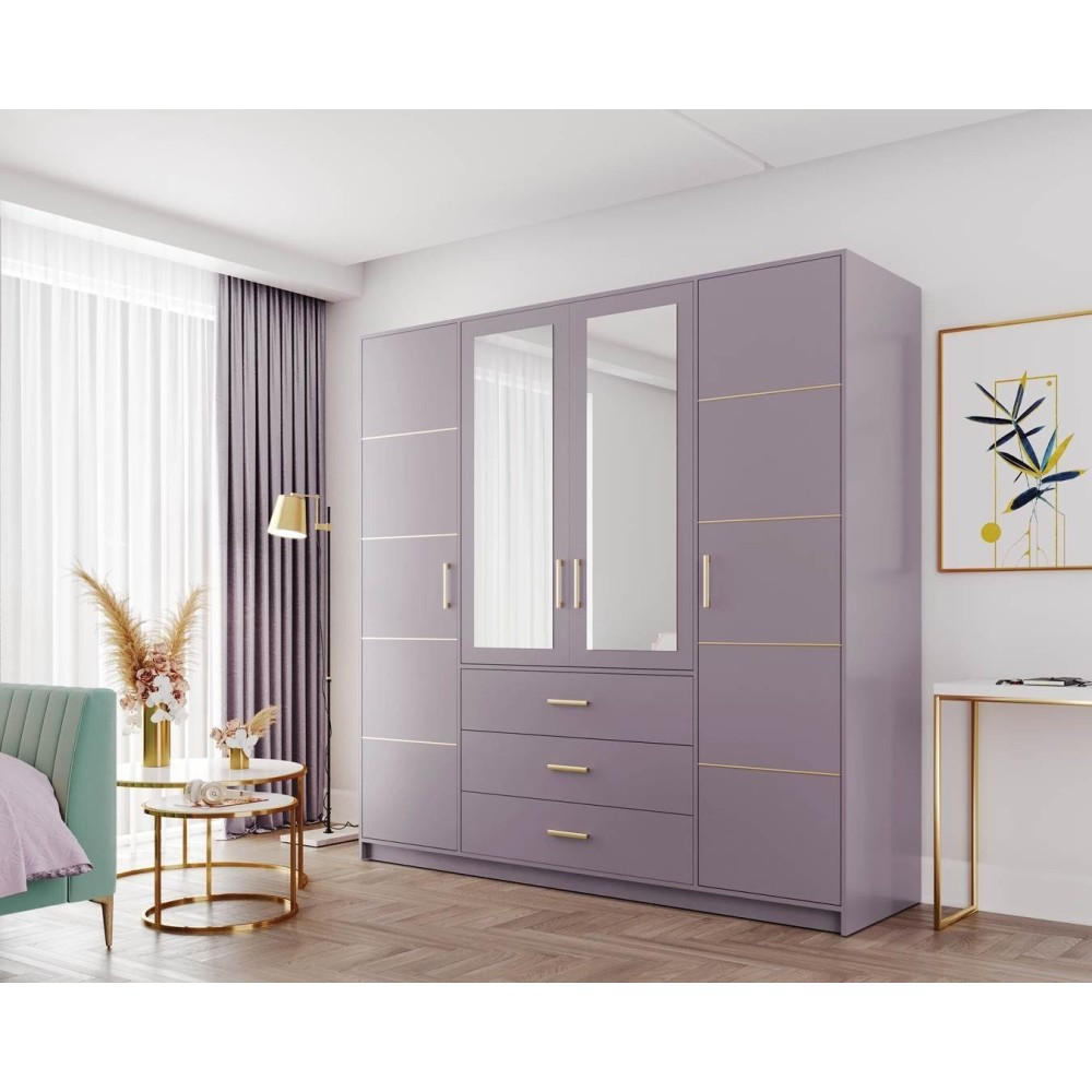 DREHTÜRENSCHRANK Balid 4-Türen, mit 3 Schubladen und Spiegel, Rosa - Rosa, Holzwerkstoff (196/200/58cm) - Beautysofa