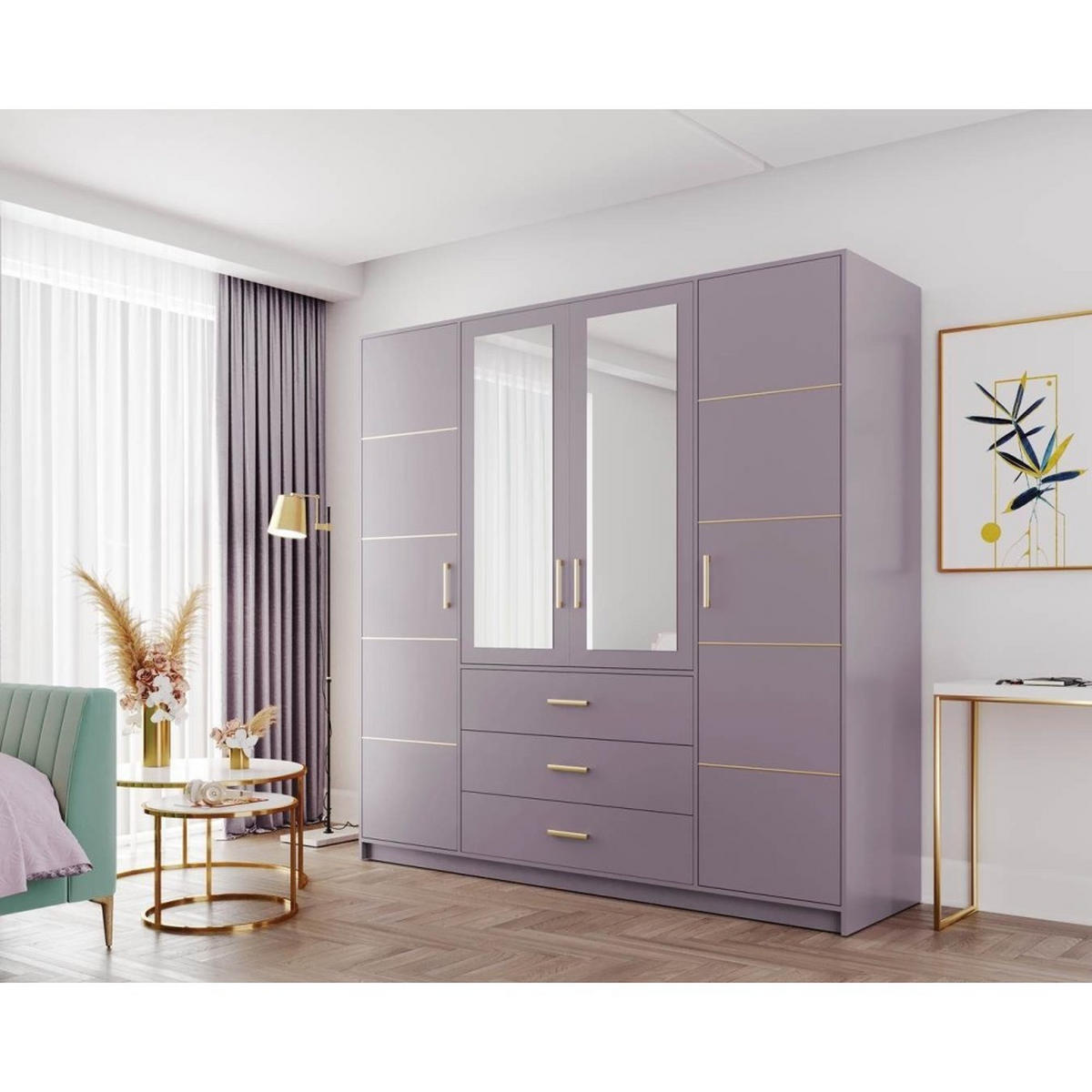 DREHTÜRENSCHRANK Balid 4-Türen, mit 3 Schubladen und Spiegel, Rosa - Rosa, Holzwerkstoff (196/200/58cm) - Beautysofa
