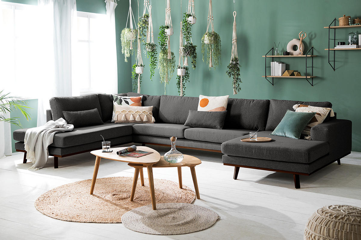 WOHNLANDSCHAFT mit Longchair - Dunkelgrau/Buchefarben, Textil (371/81/219cm) - home24