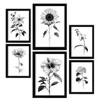 POSTER Set Mit 6 Helle Blumen Natur Und Botanikdrucke Mit Blumenmotiven In Klassischem Schwarz Und Weiß Innenarchitektur A3 & A4 Schwarzer Rahmen - Schwarz, Papier (29/3cm) - Nacnic