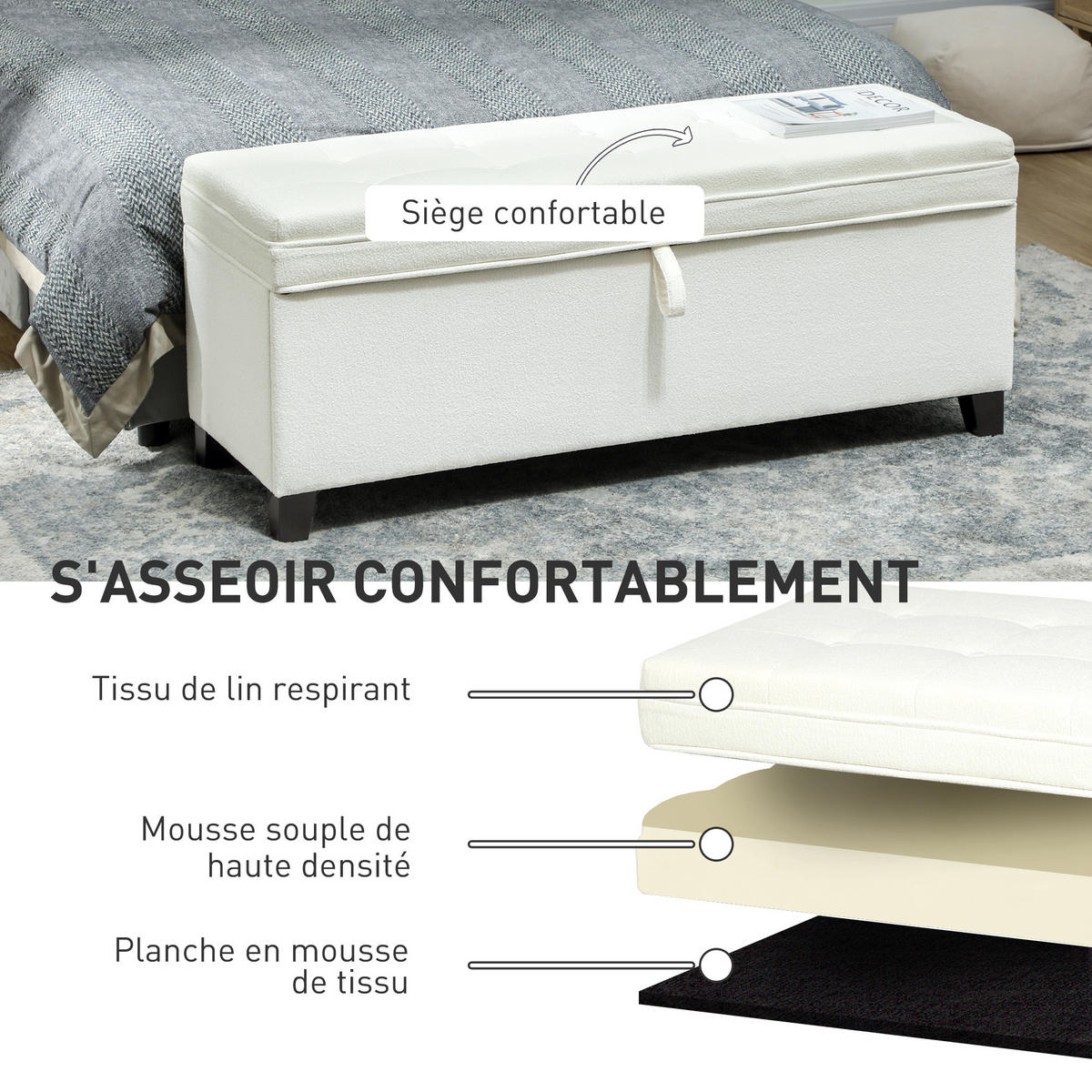 TRUHENBANK DE-16427 mit großem Stauraum (112 L) und Knopfheftung Creme - Weiß, Textil (120/48/40cm) - ComfortXL